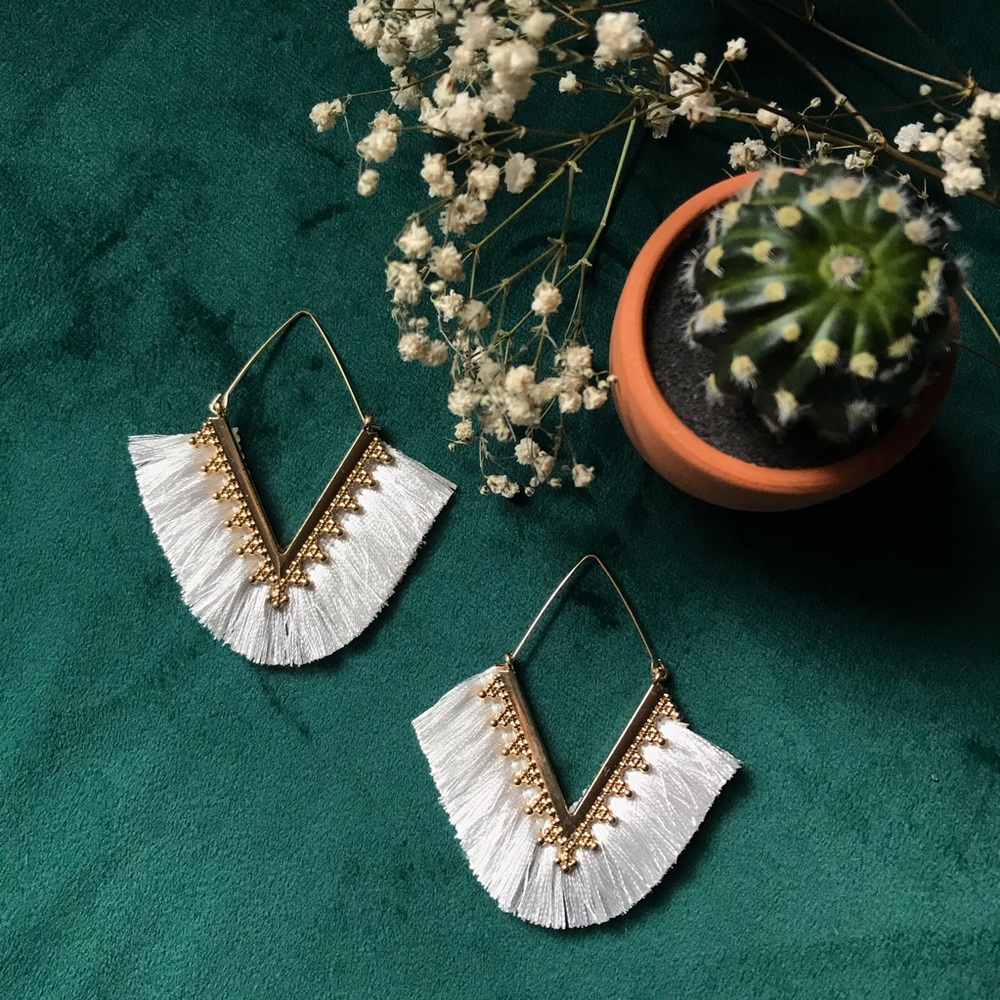 SOLD - Snow White V Shape Fringe Earrings